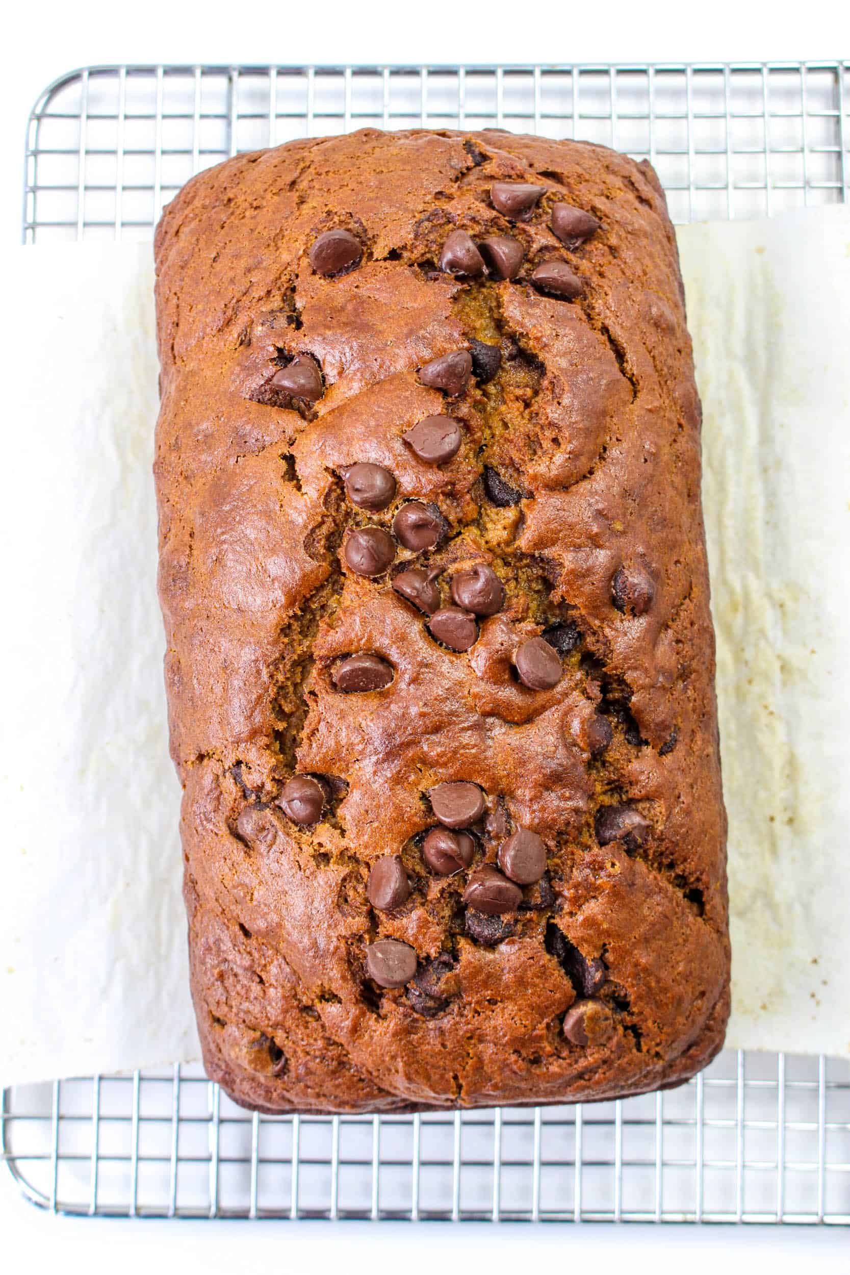 Pumpkin Banana Bread with chocolate chips on a wire rack.