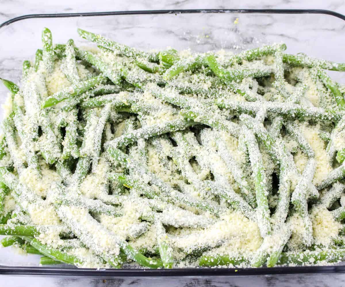 Green beans in process of being made into cheesy green beans.