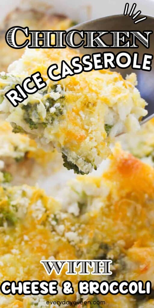 Chicken broccoli rice casserole pinterest pin wth text overlay.