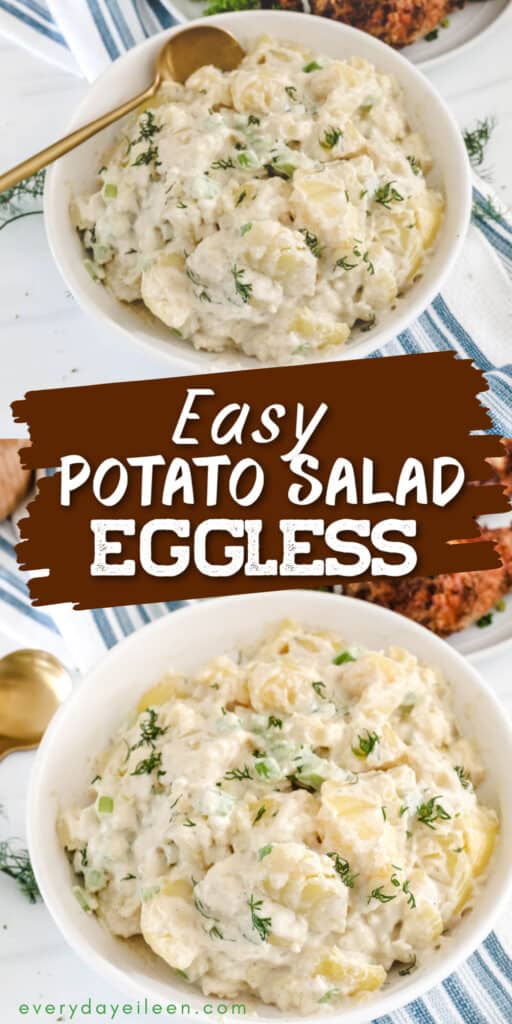 Pinterest pin for potato salad without eggs with text overlay.