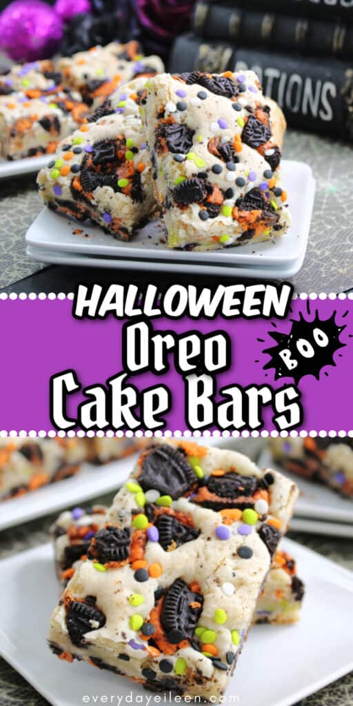 Halloween dessert bars made with oreos pinterest pin with text overlay.