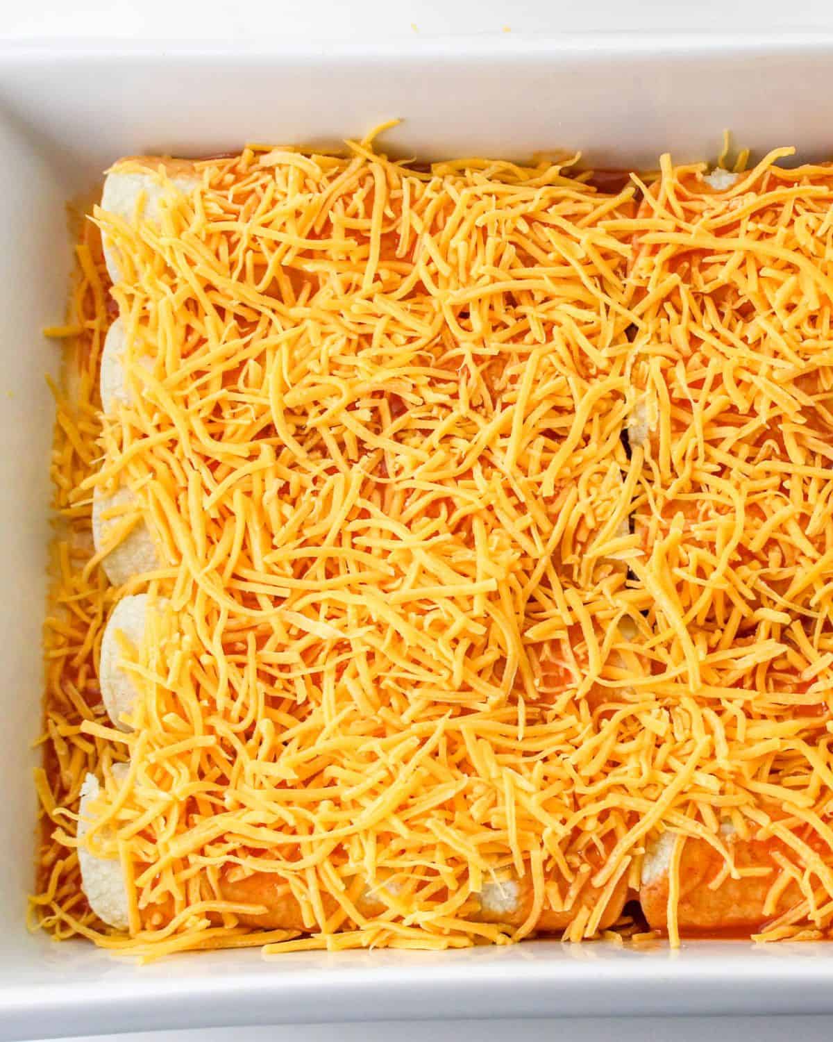 A casserole with beef enchiladas in corn tortillas topped with shredded cheese.
