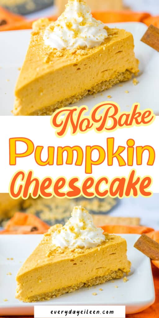 No bake pinterest pin with text overlay for no-bake pumpkin cheesecake.