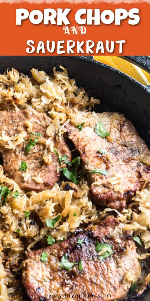 Pinterest pin for pork chops and sauerkraut pinterest pin.