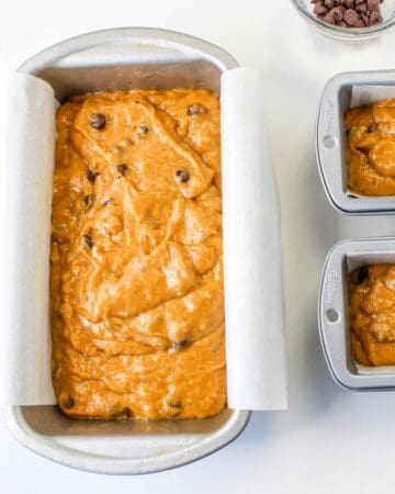 Pumpkin banana bread in a loaf pan. 