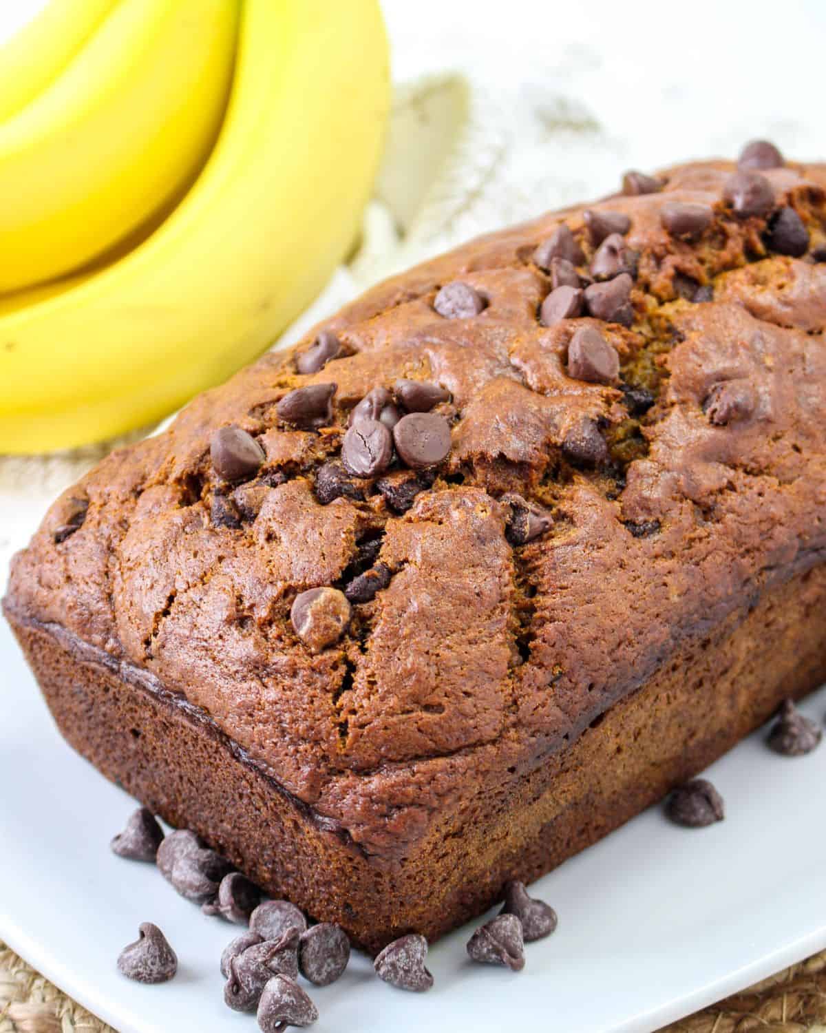 A loaf of pumpkin banana bread with chocolate chips.