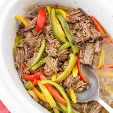 Slow Cooker Beef and Peppers in a crockpot.