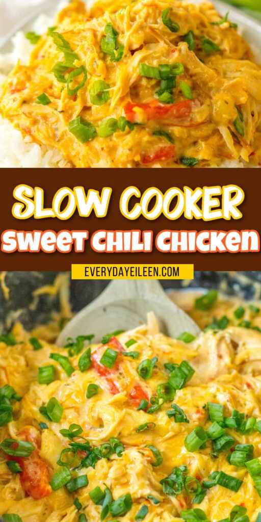 Slow Cooker Sweet Chicken Chili pinterest pin with text overlay.