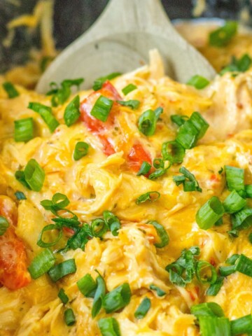 Slow cooker sweet chicken chili topped with sliced green onion.