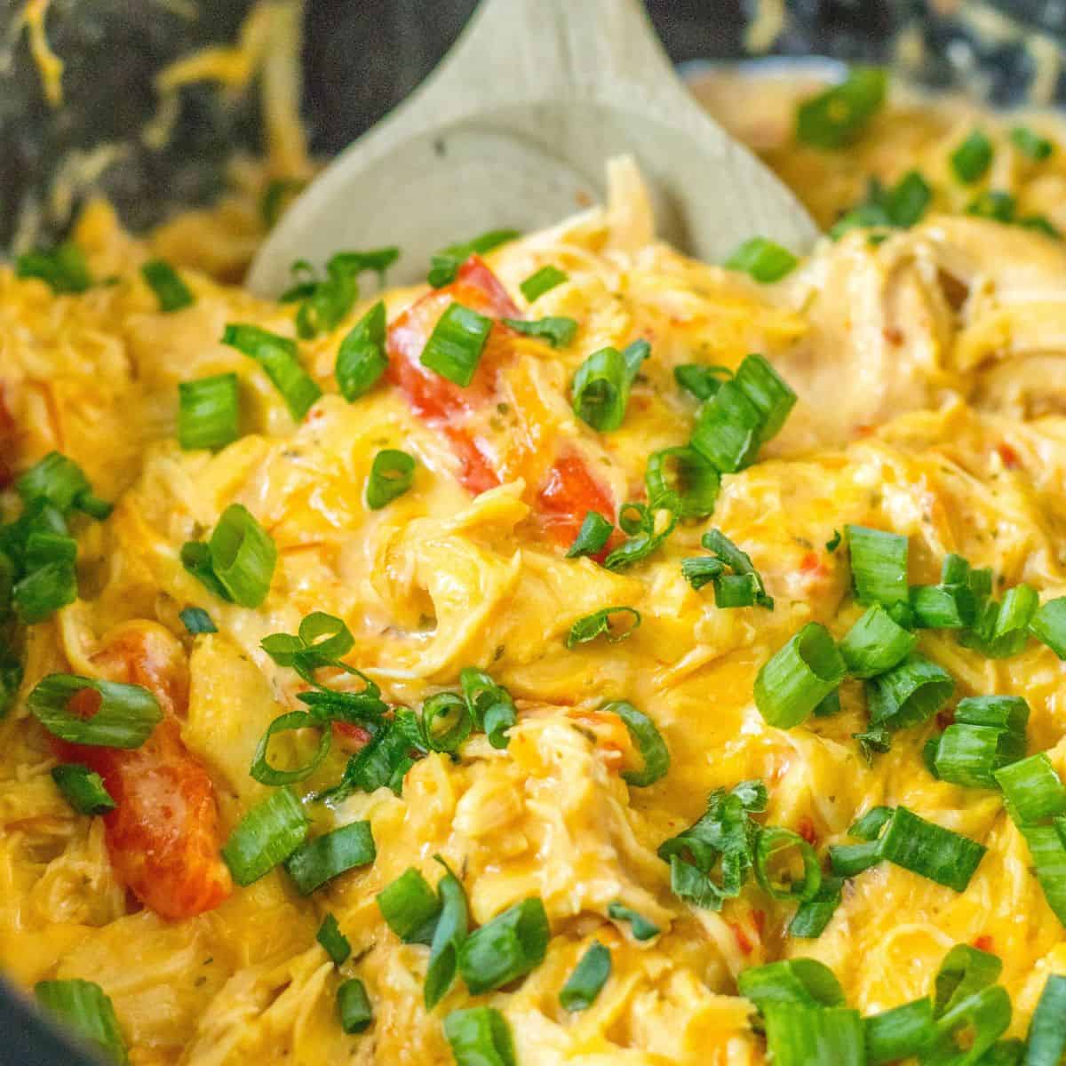 Slow cooker sweet chicken chili topped with sliced green onion.