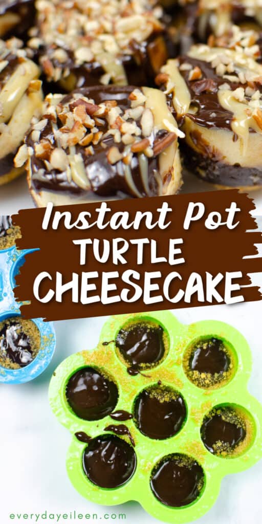 Instant Pot Turtle Cheesecake Pinterest Pin with text overlay.