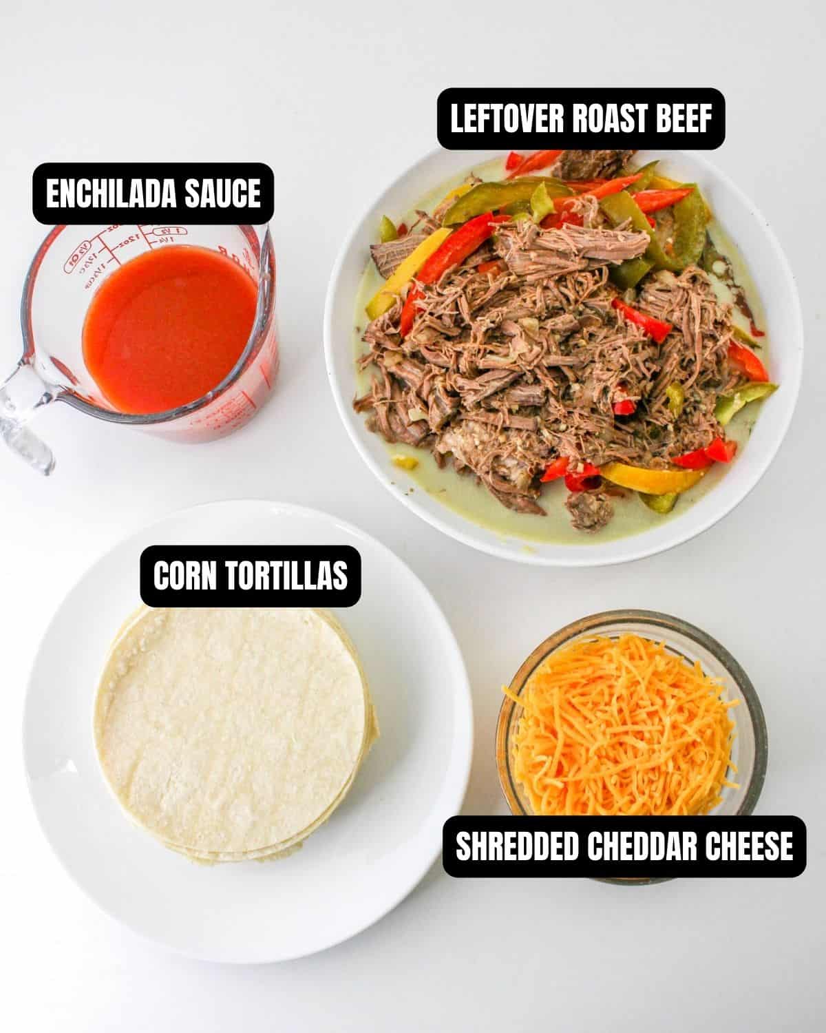 Ingredients with text overlay for beef enchiladas with leftover roast. 