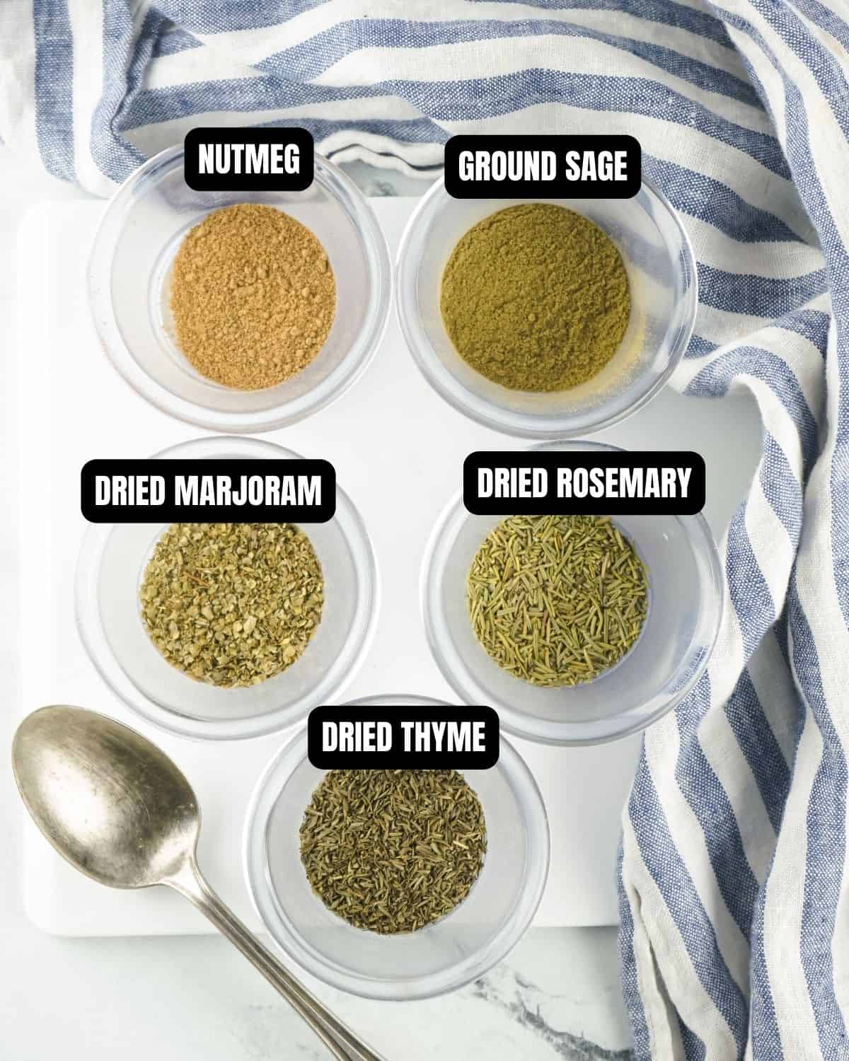 Homemade poultry seasoning ingredients with text overlay.