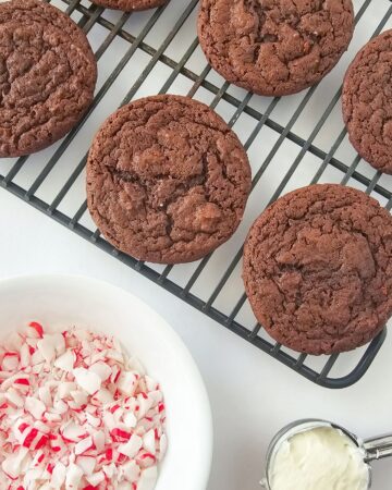 Chocolate cake mix cookies on a wire rack.