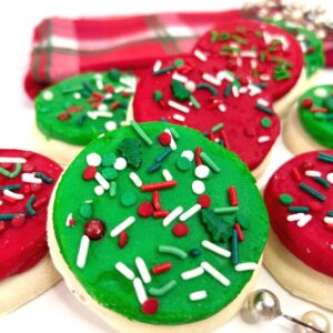 Lofthouse christmas cookies with red and green frosting and sprinkles.