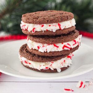 Chocolate cake mix sandwich cookies with a peppermint cream cheese filling.