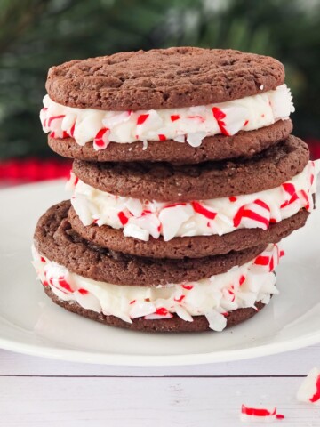 Chocolate cake mix sandwich cookies with a peppermint cream cheese filling.