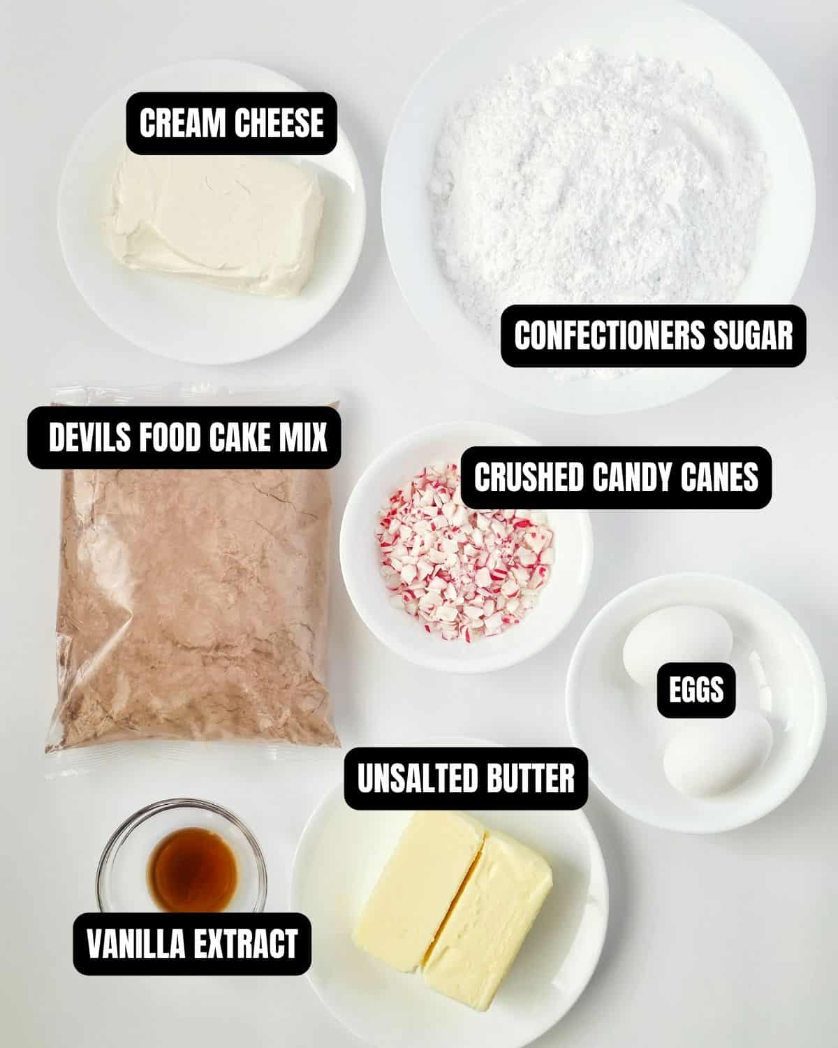 Ingredients with text overlay to make chocolate peppermint sandwich cookies.