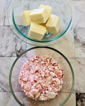 A bowl of crushed peppermint candy for holiday chocolate bark.