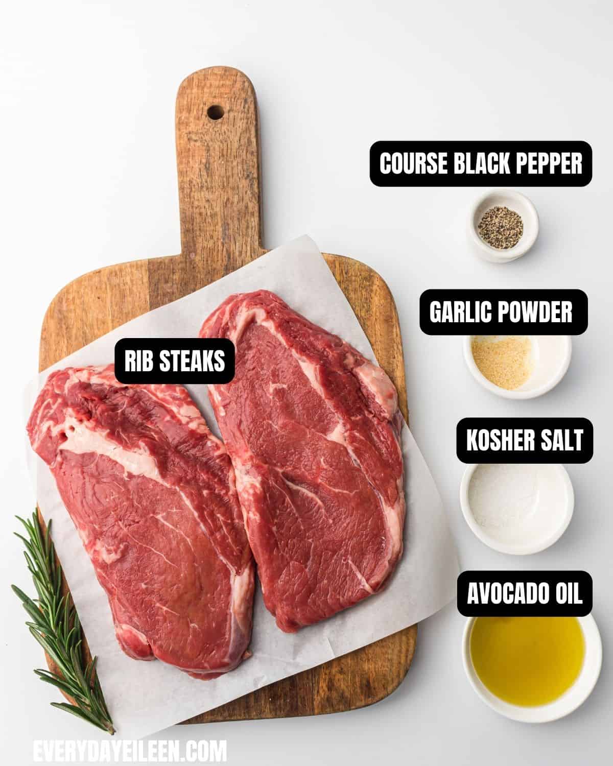 Ingredients to make air fryer rib eye steaks with text overlay.