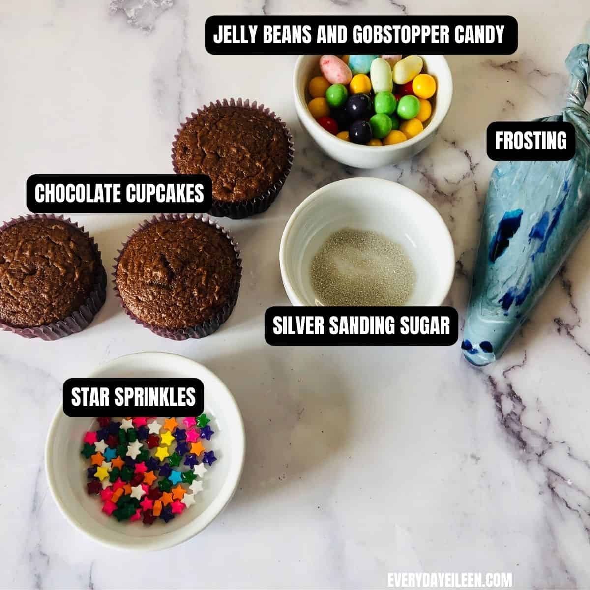 Ingredients to make galaxy cupcakes with text overlay.