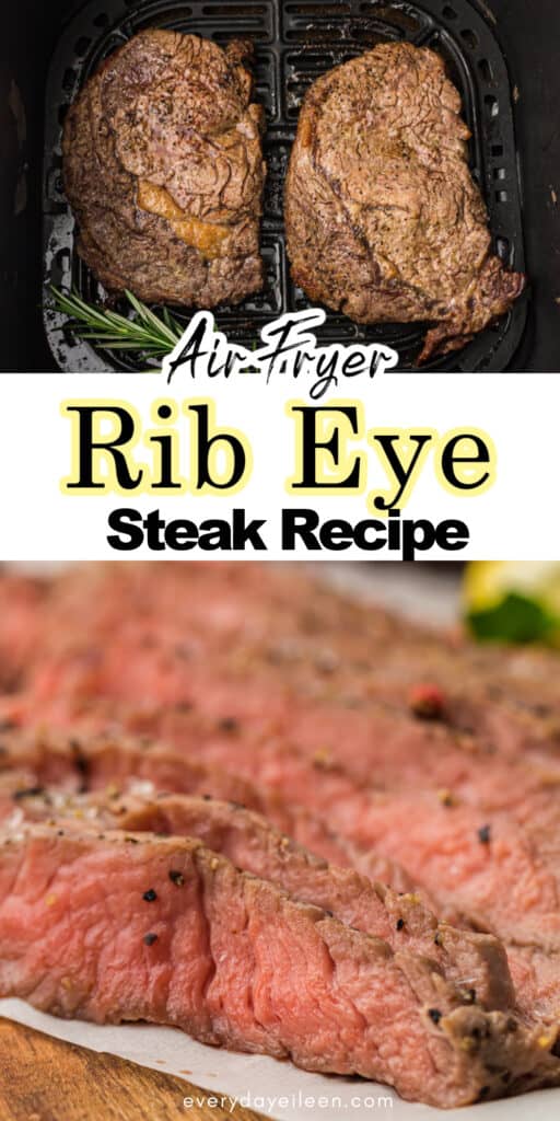 Pinterest pin for air fryer rib eye steaks.