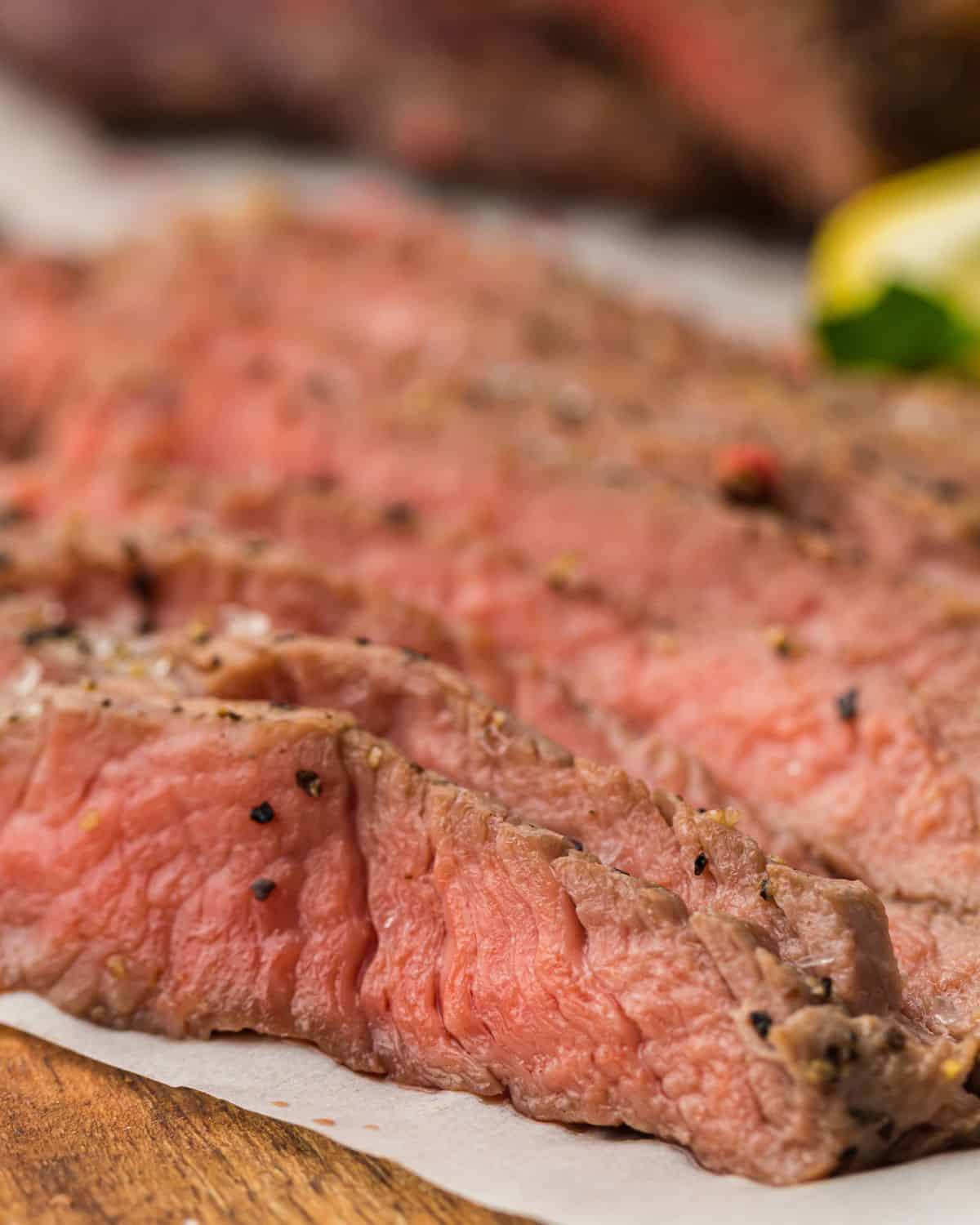 Rib eye steaks sliced after being made in the air fryer. 