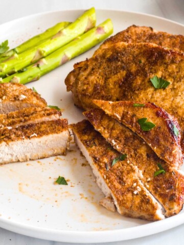 Boneless pork chops with a dry rub made in the air fryer.