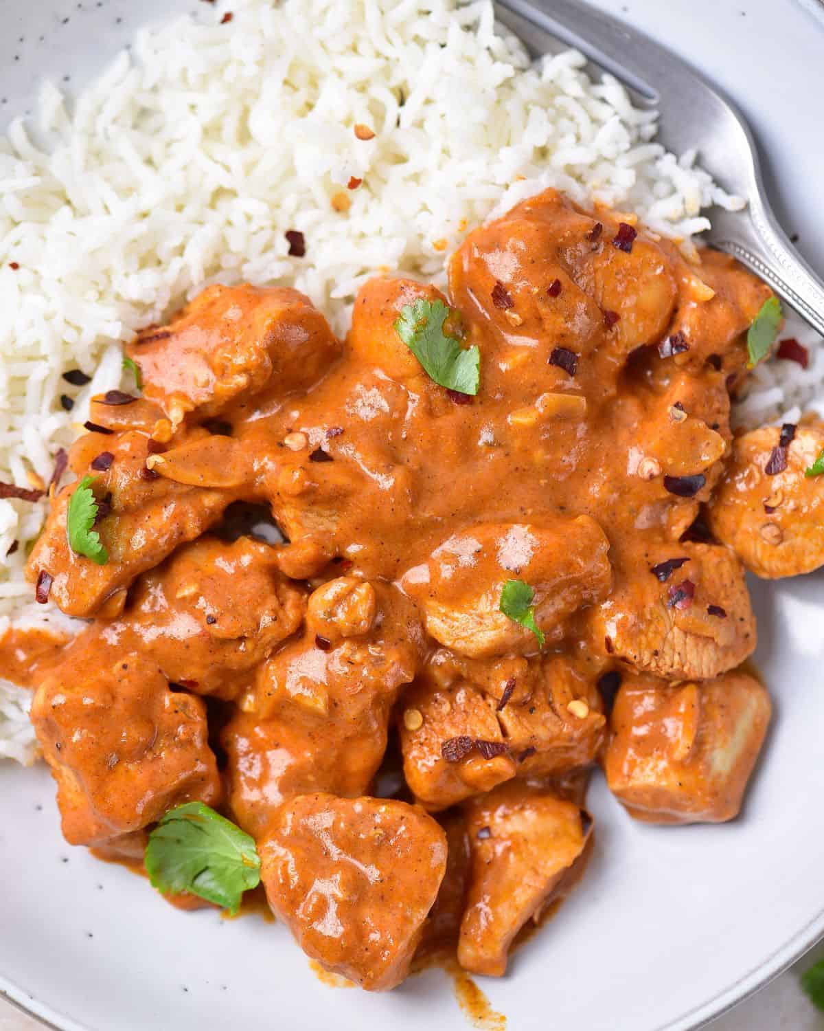 A plate with white rice and coconut chicken curry.