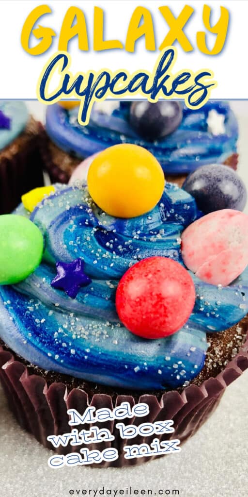 Pinterest pin for galaxy cupcakes with text overlay.