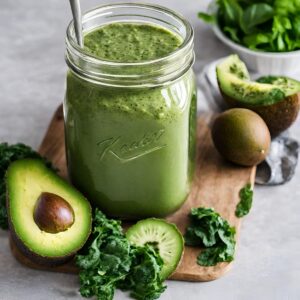 An easy green smoothie recipe on a wooden platter with fruit and veggies in front of the jar.