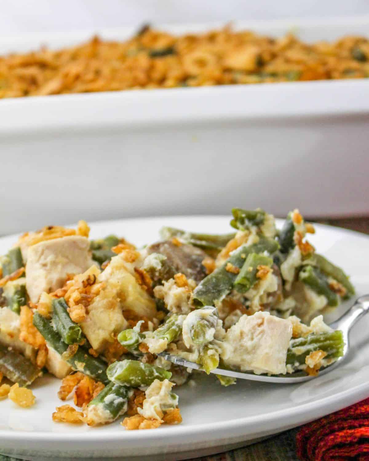 Green bean chicken mushroom casserole pin with text overlay.