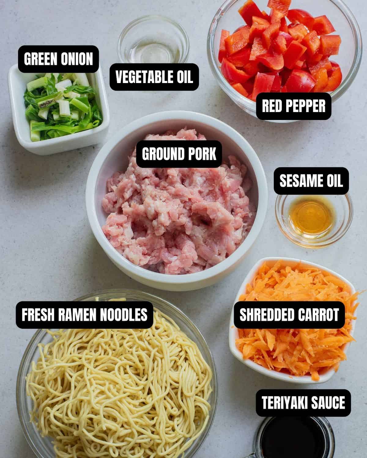 Pork teriyaki noodles with text overlay for ingredients.