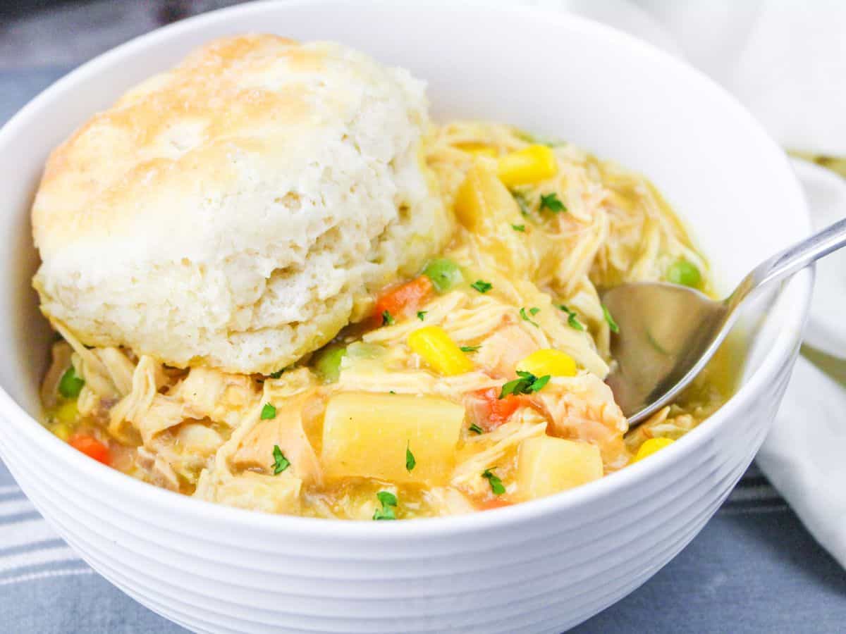 A bowl of chicken pot pie topped with a biscuit.