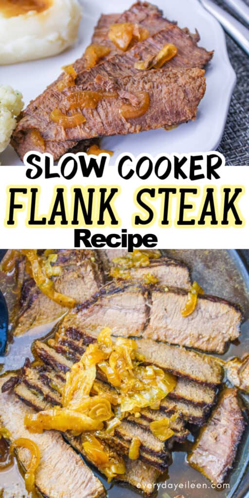 Slow cooker flank steak pinterest pin with text overlay.