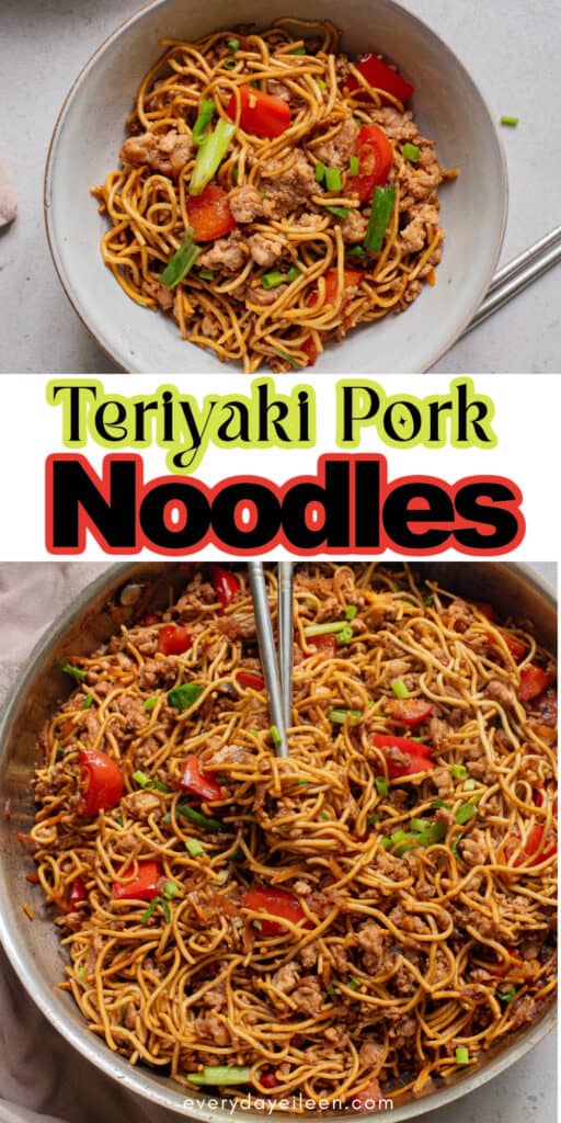 Teriyaki Pork Noodles pinterest pin with text overlay