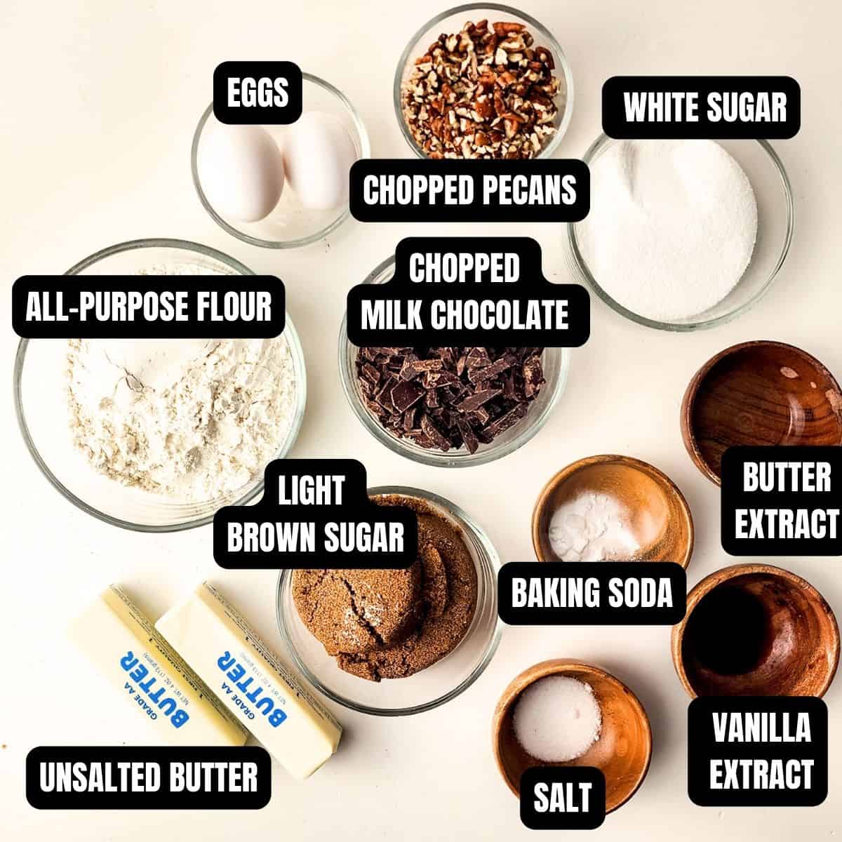 Ingredients to make brown butter cookies with text overlay.