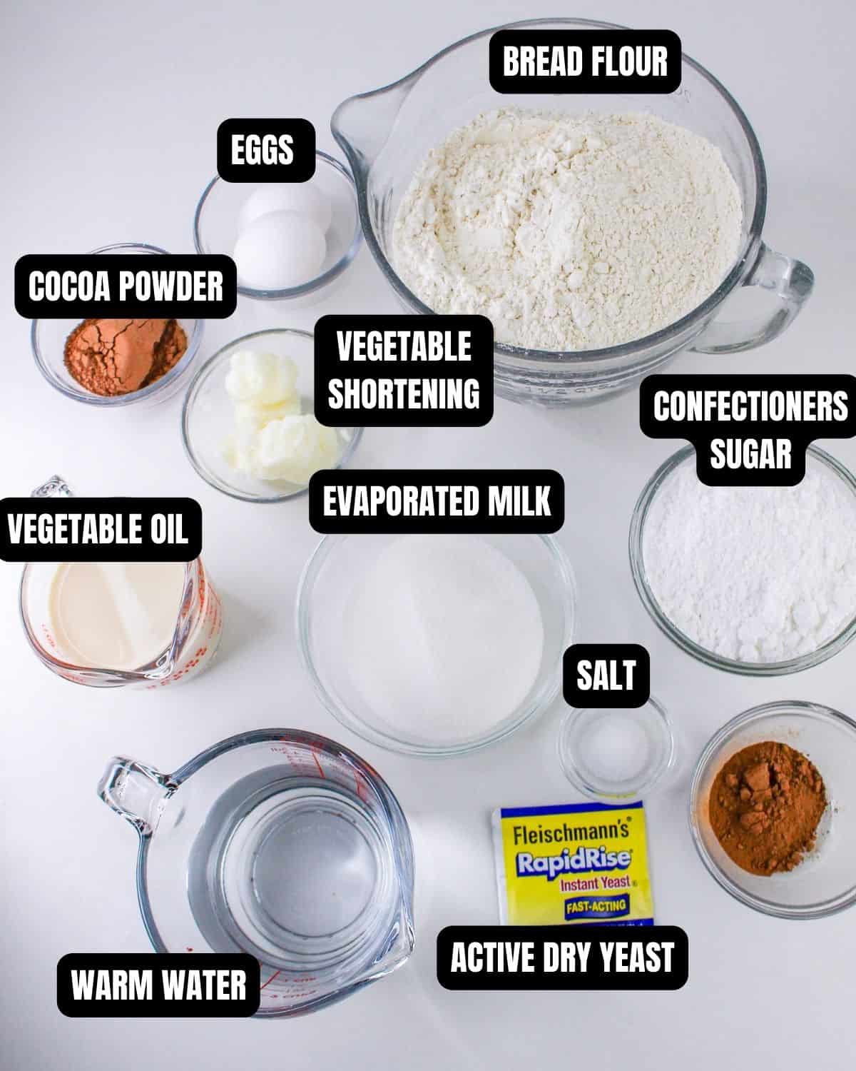 Ingredients with text overlay for chocolate beignets.