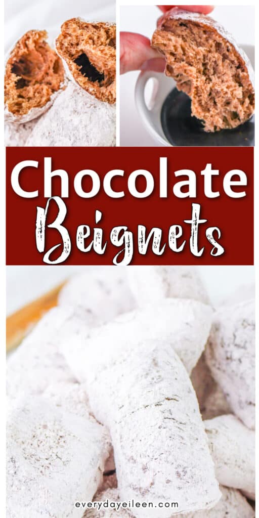 Pinterest pin with text overlay for chocolate beignets.