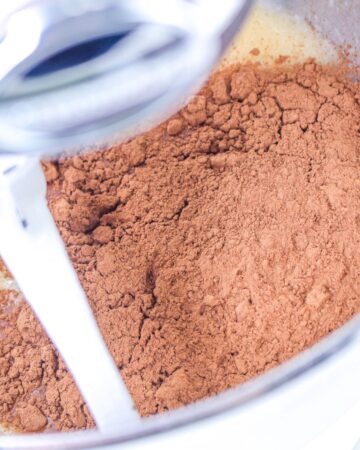 A mixing bowl with a chocolate flour blend. 