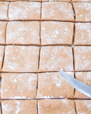 Chocolate beignet dough that is cute into rectangle pieces to make beignets. 