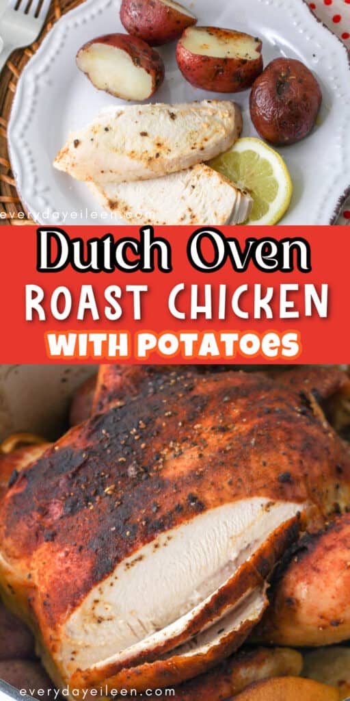 Dutch oven roast chicken pin with text overlay.