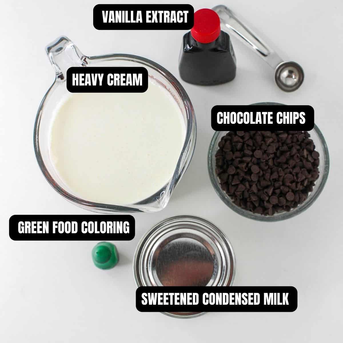 Ingredients for grasshopper ice cream with text overlay.