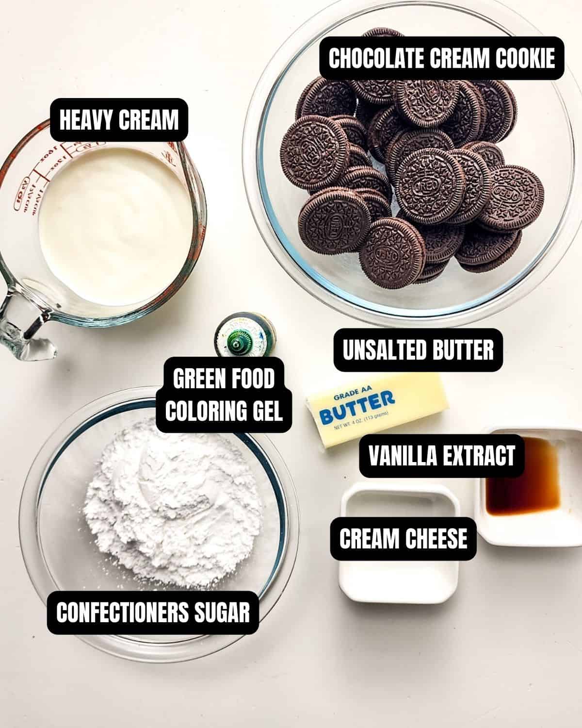 Ingredients to make no-bake grasshopper pie with text overlay.