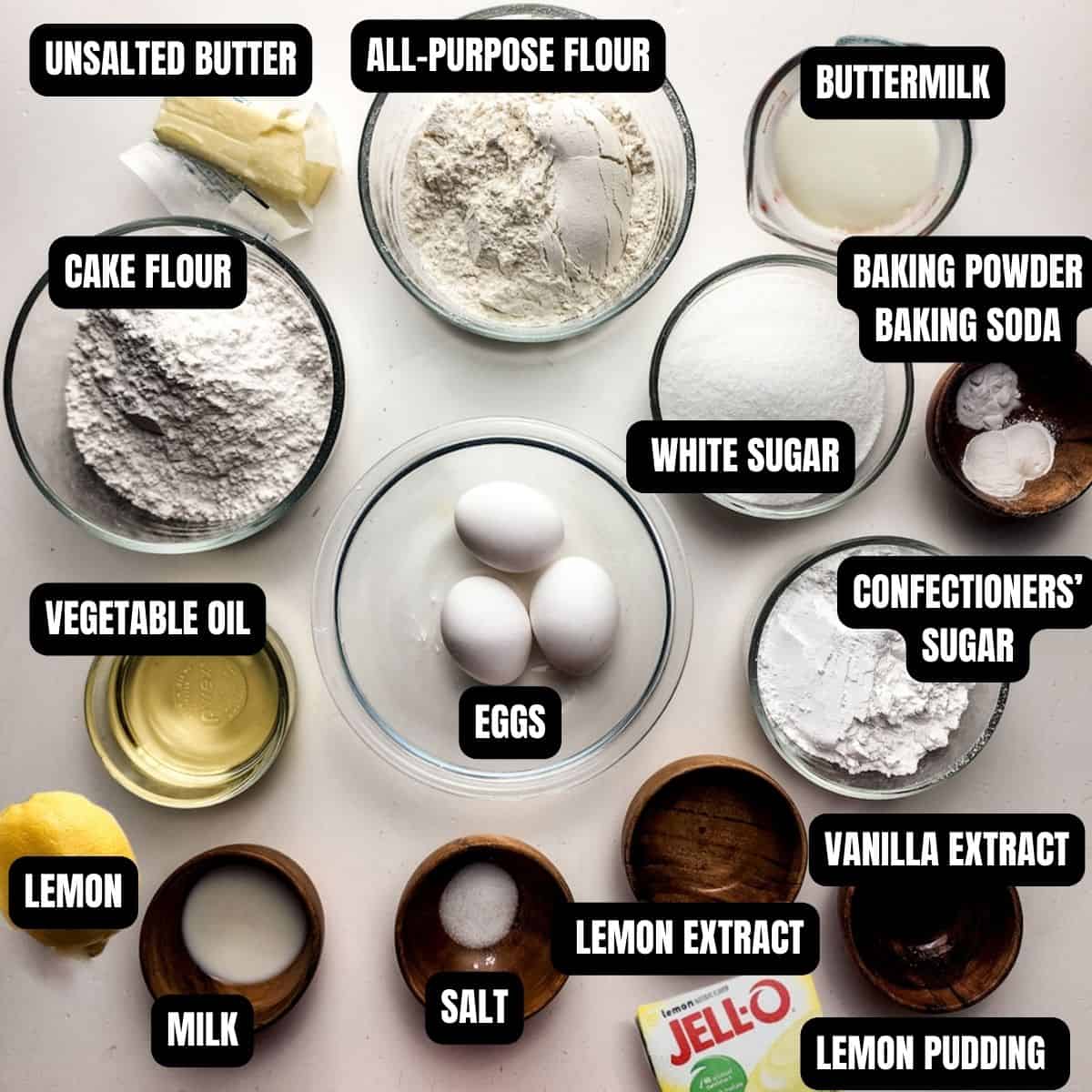 Lemon bundt cake with lemon glaze ingredients with text overlay.