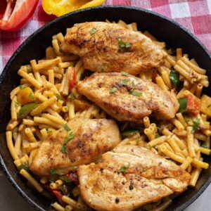 A large skillet with one pot chicken fajita pasta.