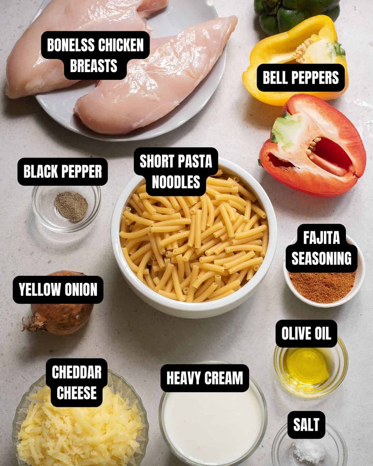 Fajita pasta ingredients with text overlay.