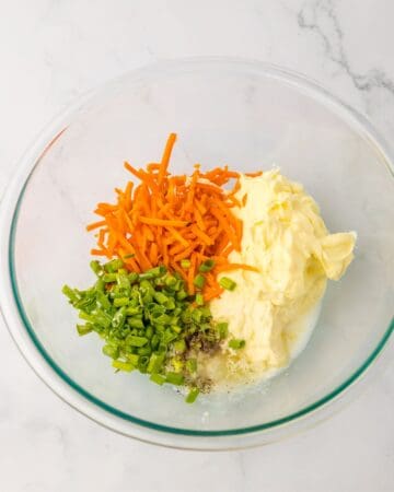 Mayonnaise, carrots, celery, cider vinegar to make a Hawaiian macaroni salad.