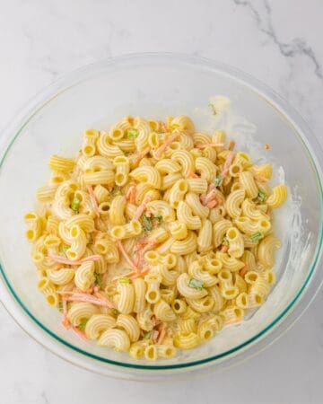 Hawaiian macaroni salad with carrots and celery.