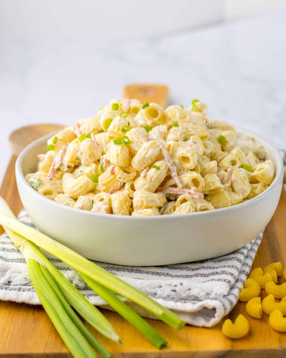 Easy Hawaiian Macaroni Salad in a bowl. 